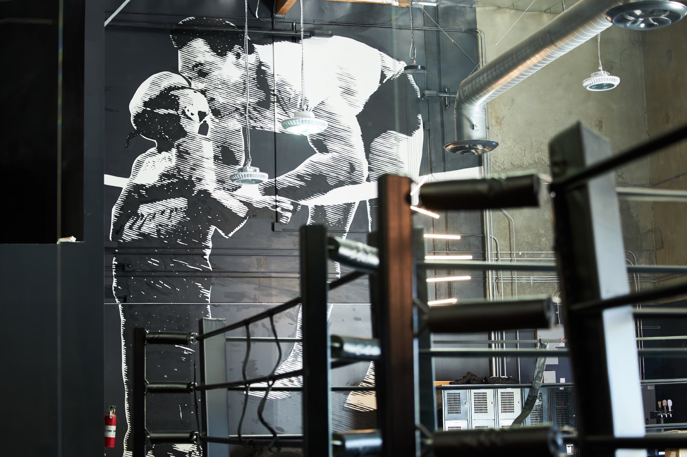 The boxing ring at Craft Boxing Club Calabasas, beneath the Ali mural